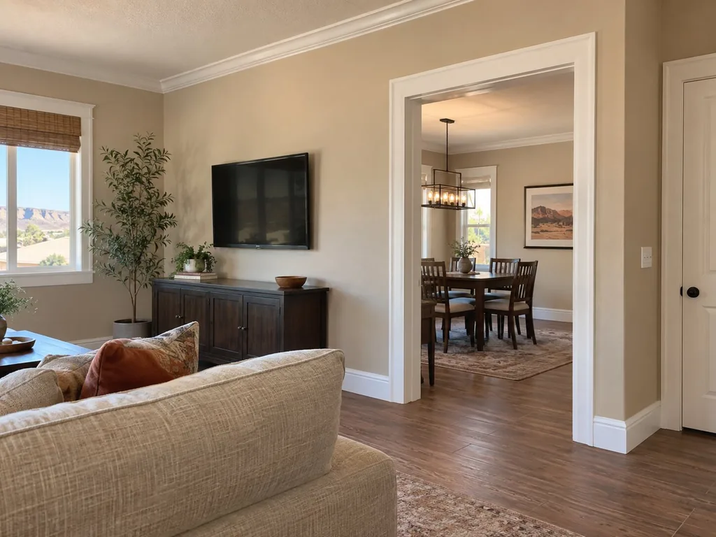 Representative interior view showing painted walls, ceiling lines, baseboards, and door casing